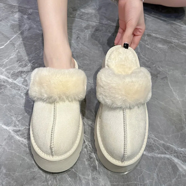 Shoes Woman 2023 Plush Slippers For Adults Low Pantofle Platform Fur Flat New Hoof Heels Cotton Fabric Rubber Rome Basic Slides