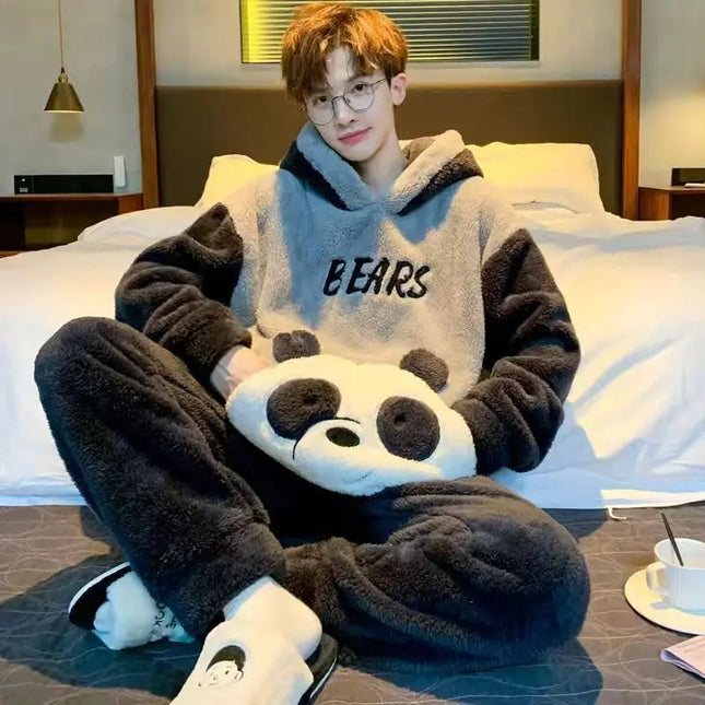 2023 New Men's Pajamas Plush Coral Fleece Pajamas Autumn Winter Sleepwear Thick Long Sleeves Hooded Cartoon Warm Loungewear Set