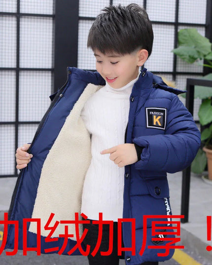 4 6 8 10 12 14 Years Big Boys Jacket Autumn Winter Plus Velvet Warm Teen Kids Jackets Fashion Mid-Length Zipper Hooded Boys Coat