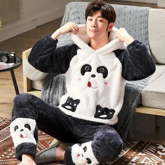 2023 New Men's Pajamas Plush Coral Fleece Pajamas Autumn Winter Sleepwear Thick Long Sleeves Hooded Cartoon Warm Loungewear Set