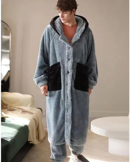 Winter Warm Pajamas Sets For Men Hooded Long Bathrobe Suits Elastic Pants Oversized Sleepwear Male Home Clothes Homewear