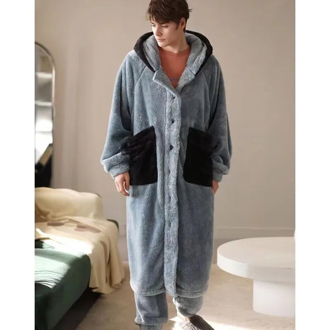 Winter Warm Pajamas Sets For Men Hooded Long Bathrobe Suits Elastic Pants Oversized Sleepwear Male Home Clothes Homewear