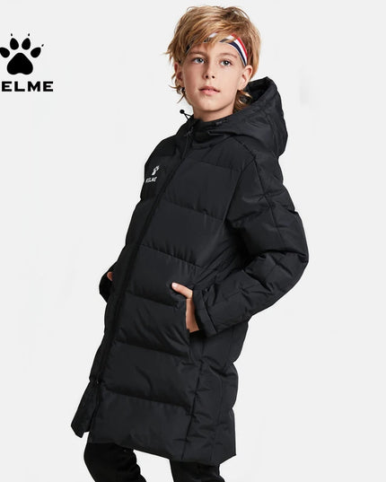 KELME Kids Cotton Clothing Winter Long Jacket Sports Hooded Outwear Baby Children Windproof  Warm Outdoor Cotton Coat 3883405
