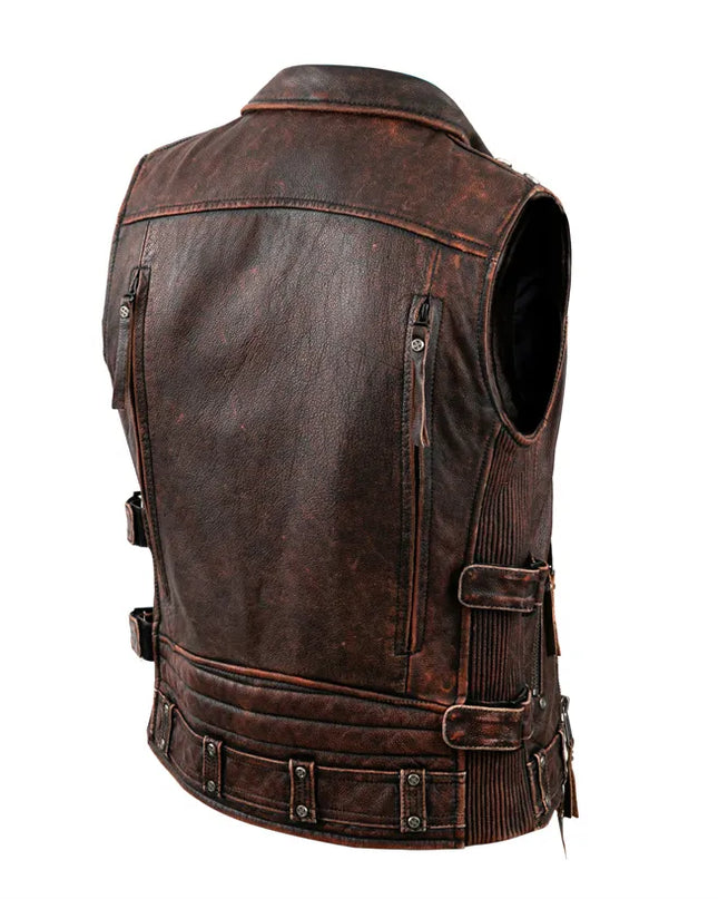 Vintage Brown Motorcycle Vests Men Natural Cowhide Genuine Leather Jacket Sleeveless Men's Riding Vest Motor Biker Jackets