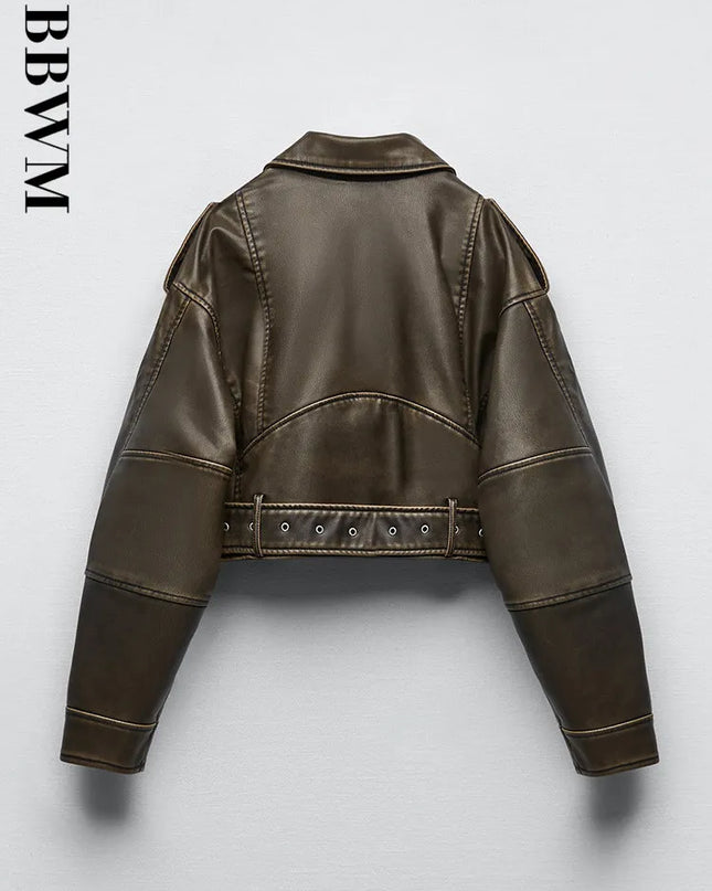 TRAF Women Oversized Vintage Loose Pu Faux Leather Short Jacket with Belt Streetwear Female Zipper Retro Moto Biker Coat Outwear