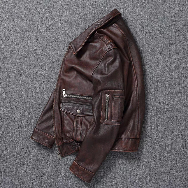 Men's Vintage Cowhide Bomber Jacket - Genuine Leather A2 Calfskin Motorcycle Coat