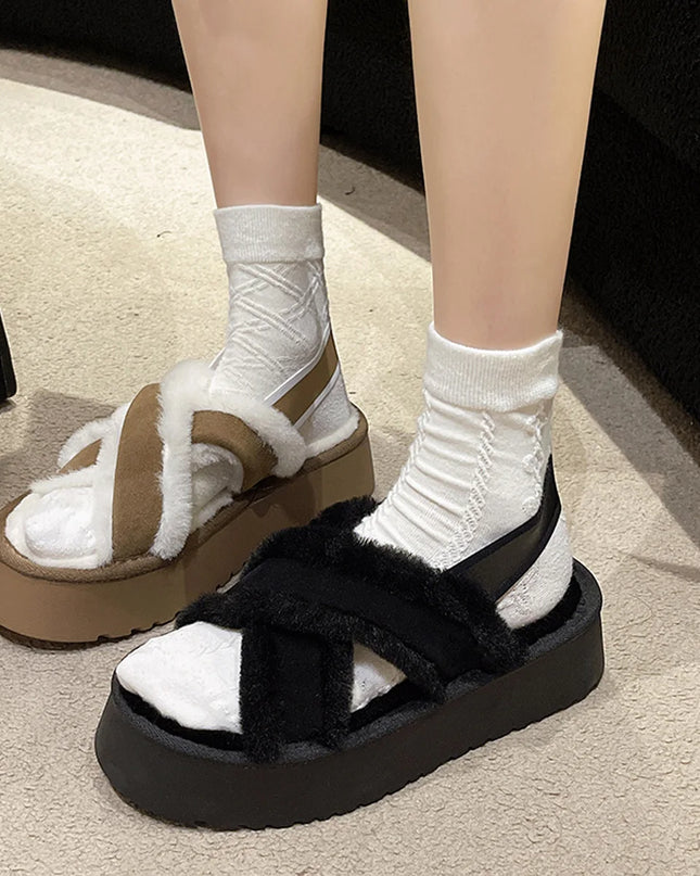Women'S Plush Slippers 2023 Casual Fashion Cross Tie Thick Sole Comfortable Elastic Band Plush Sandals