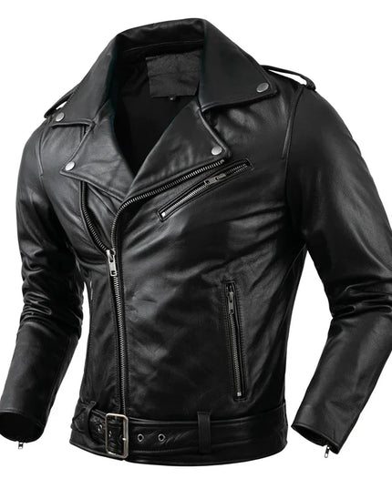 Genuine Cowhide Leather Motorcycle Coat Cow Skin Jacket Men Lapel Leather Jackets Mens Clothing Real Leather Coat Men