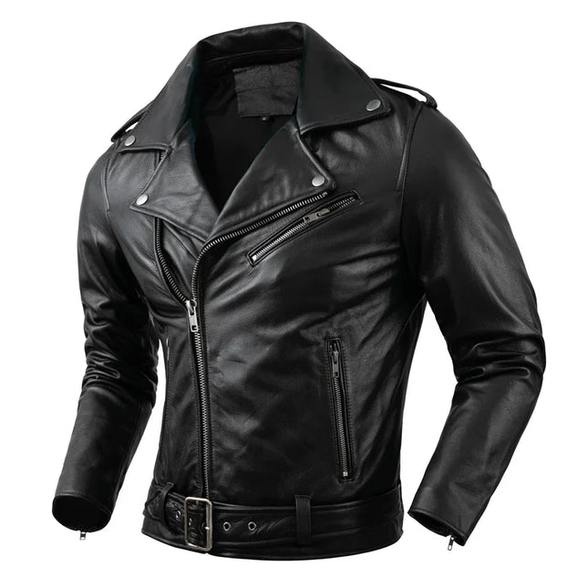 Genuine Cowhide Leather Motorcycle Coat Cow Skin Jacket Men Lapel Leather Jackets Mens Clothing Real Leather Coat Men