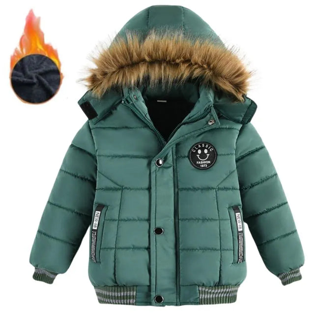 Outdoor Jacket For Boys Winter Hooded Zipper Outerwear Warm Casual Baby Boys Velvet Thick Coats Kids Clothing Fur Collar Parka