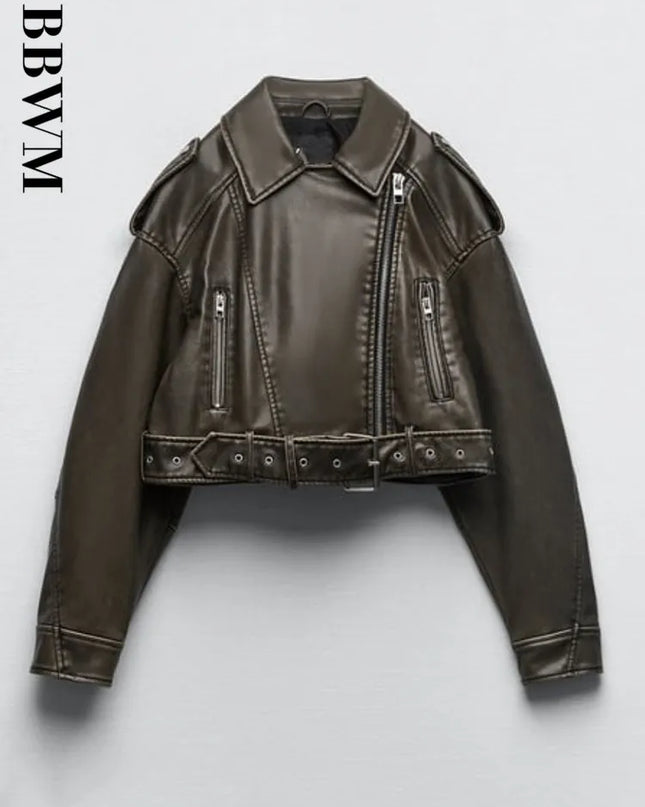 TRAF Women Oversized Vintage Loose Pu Faux Leather Short Jacket with Belt Streetwear Female Zipper Retro Moto Biker Coat Outwear