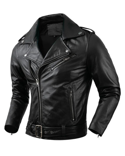 Genuine Cowhide Leather Motorcycle Coat Cow Skin Jacket Men Lapel Leather Jackets Mens Clothing Real Leather Coat Men