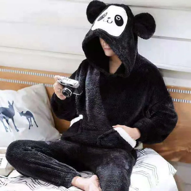 2023 New Men's Pajamas Plush Coral Fleece Pajamas Autumn Winter Sleepwear Thick Long Sleeves Hooded Cartoon Warm Loungewear Set