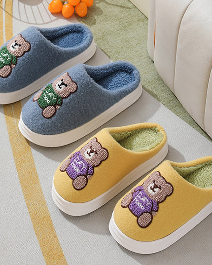 Lovely Cartoon Bear Woolen Slippers For Women Winter Indoor Thick-soled Non-slip Home Slippers Breathable Warm Bedroom Floor House Shoes