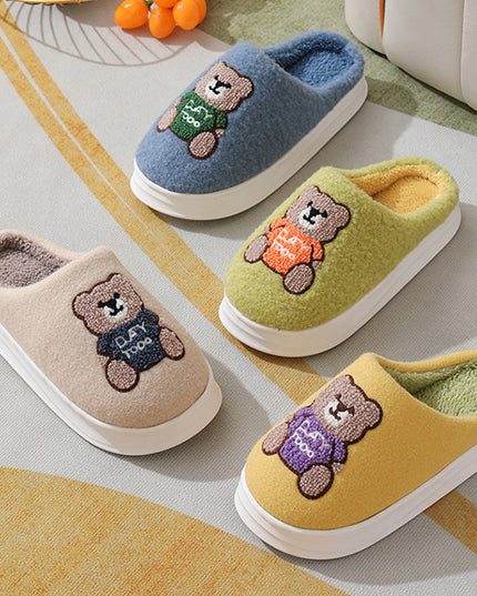 Lovely Cartoon Bear Woolen Slippers For Women Winter Indoor Thick-soled Non-slip Home Slippers Breathable Warm Bedroom Floor House Shoes