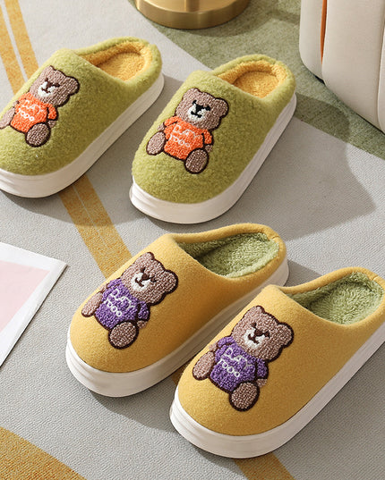 Lovely Cartoon Bear Woolen Slippers For Women Winter Indoor Thick-soled Non-slip Home Slippers Breathable Warm Bedroom Floor House Shoes