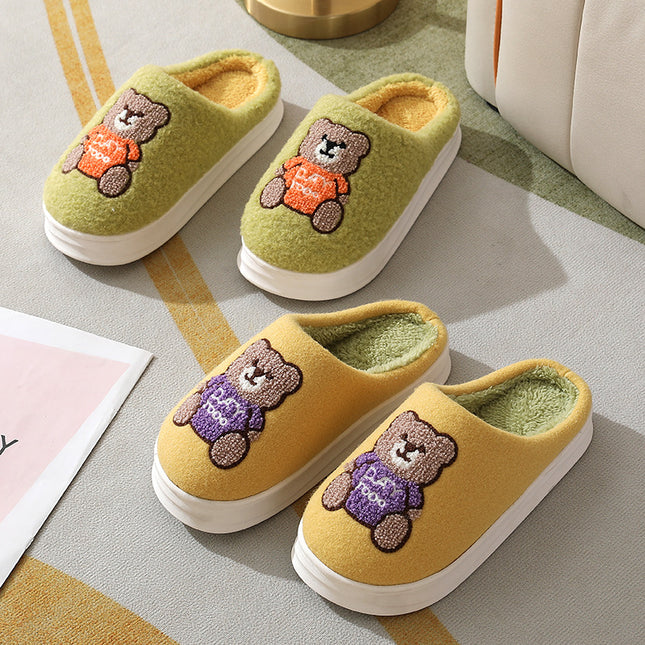 Lovely Cartoon Bear Woolen Slippers For Women Winter Indoor Thick-soled Non-slip Home Slippers Breathable Warm Bedroom Floor House Shoes