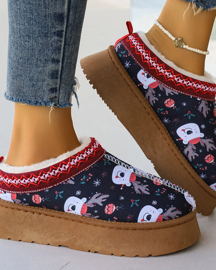 Women's Cartoon Christmas Print Ankle Boots Casual Slip On Plush Lined Home Shoes Comfortable Winter Short Boots