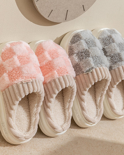 Plaid Plush Slippers Women's Indoor Plush Home Slippers Soft Sole Thick Non-Slip Warm House Shoes Couple Autumn And Winter