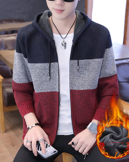 Elevate Your Winter Wardrobe with a Warm and Stylish Hooded Cardigan for Youth: The Must-Have Winter Fashion Essential in Upper Blue, Light Gray, and Dark Gray