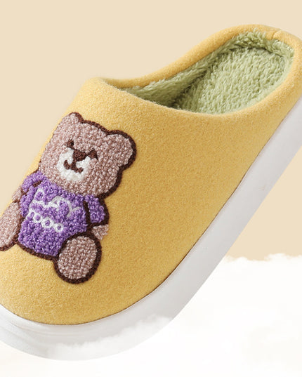 Lovely Cartoon Bear Woolen Slippers For Women Winter Indoor Thick-soled Non-slip Home Slippers Breathable Warm Bedroom Floor House Shoes