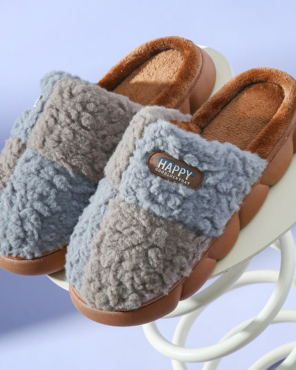 Color-matching Home Slippers Winter EVA Thick-soled Warm Plush Cotton Slippers Women Men Indoor Anti Slip House Shoes