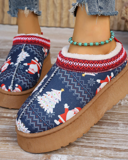 Women's Cartoon Christmas Print Ankle Boots Casual Slip On Plush Lined Home Shoes Comfortable Winter Short Boots