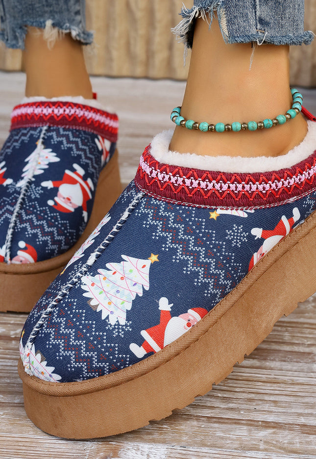 Women's Cartoon Christmas Print Ankle Boots Casual Slip On Plush Lined Home Shoes Comfortable Winter Short Boots