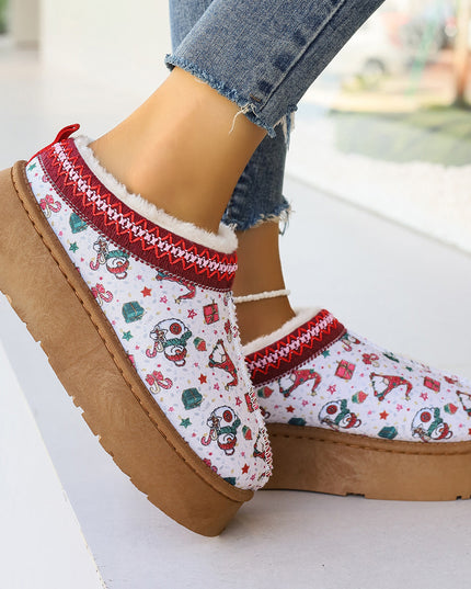 Women's Cartoon Christmas Print Ankle Boots Casual Slip On Plush Lined Home Shoes Comfortable Winter Short Boots