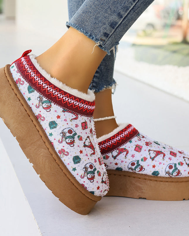 Women's Cartoon Christmas Print Ankle Boots Casual Slip On Plush Lined Home Shoes Comfortable Winter Short Boots