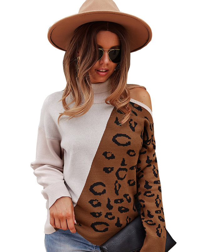 Sweater Leopard Pattern Stitching Top Waistcoat Long Sleeve Women
