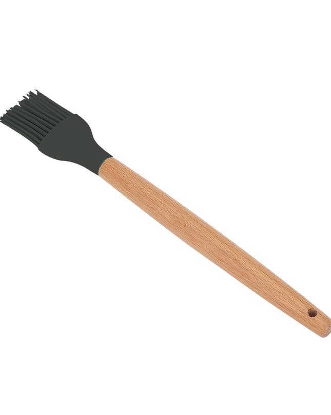 12-Piece Kitchen Wooden Handle Kitchen Tools Include Spatula Tong Slotted Spoon Turner Whisk Brush, Black Gray