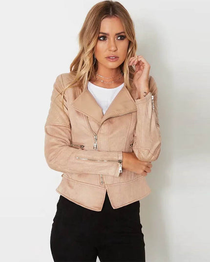 2021 autumn and winter new European station fashion diagonal zipper solid color leather tie rope suede jacket jacket