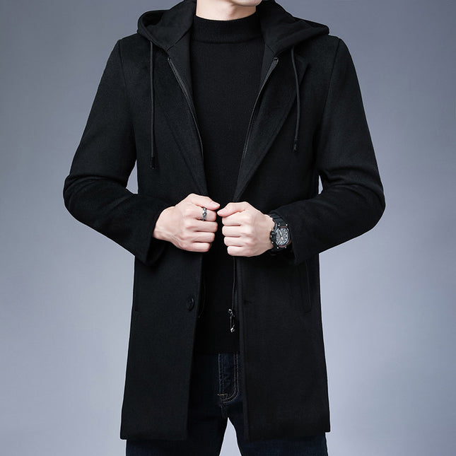 Mens Detachable Hooded Woolen Winter Coat Jacket Mid-Length Single Breasted
