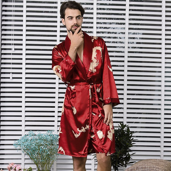 Men's simulation silk long sleeve nightgown