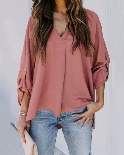 Fashion Solid Color V-Neck Long-Sleeved Casual Loose Shirt Women