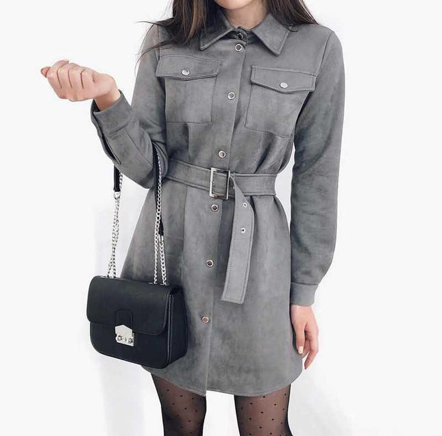 Ladies Dress Solid Color Single Breasted Lapel Long Sleeve Suede