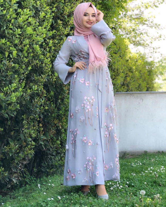 Muslim Print Abaya Kimono Floral Hijab Dress Arabic Dubai Af
