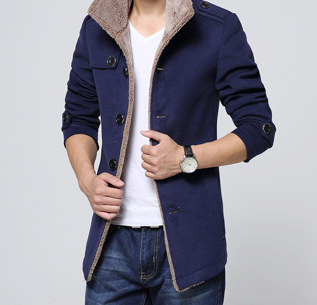 Slim-Fit Plus Velvet Men's Coat Korean Men's Windbreaker Lamb Wool Men's Woolen Cloth