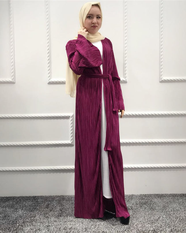 Elegant Muslim Pleated Abaya Tunic Dress Flare Sleeve Cardigan Long Robe Gowns Ramadan Arab Islamic Clothing Worship Service