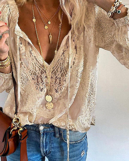 Women's Loose Printed Solid Color Lace Shirt