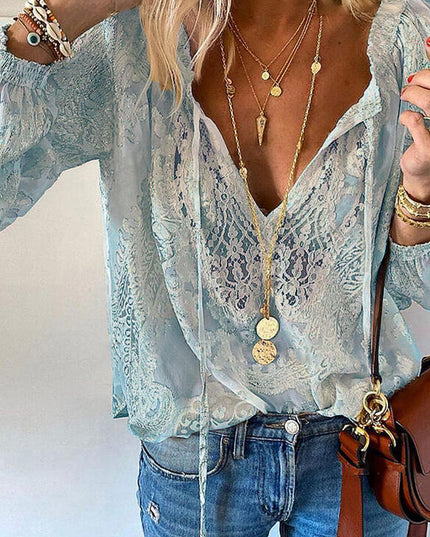 Women's Loose Printed Solid Color Lace Shirt
