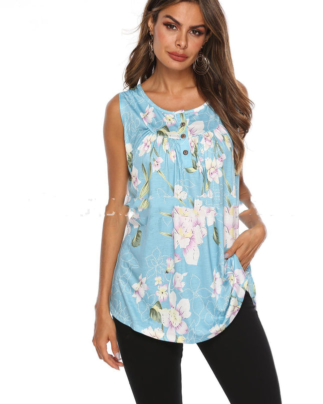 V-Neck Sleeveless Vest With Printed Buttons