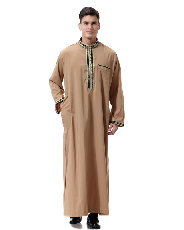 Muslim Arab Middle East Men's Applique Stand Collar Robe, TH810
