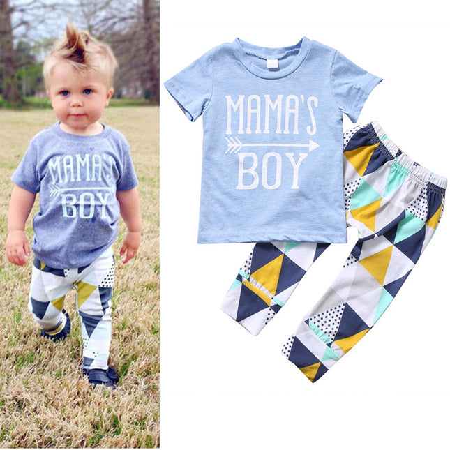 Children's Clothing Boy Suit Short-Sleeved T-Shirt Blue Letter Arrow Geometric Pants Baby Two-Piece Suit