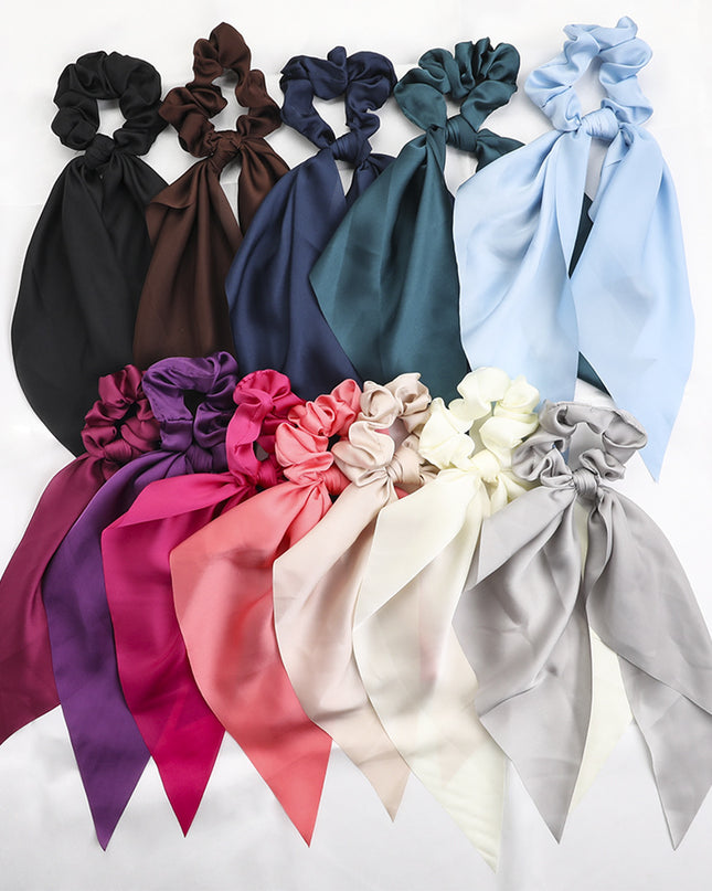 New Knotted Ribbon Satin Monochrome Silky Square Scarf Hair Tie Ladies Ponytail Hair