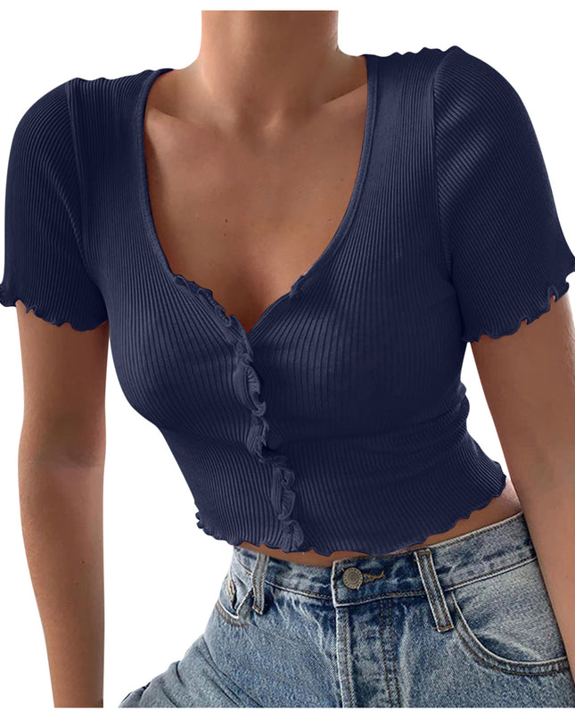 V Neck Ruffles Short Sleeve T Shirt Women Summer Casual Button Crop Top Basic Blue T Shirt Tops