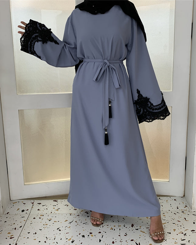 Islamic Turkey Dubai Fashion Muslim Dress Long Sleeve Lace Patchwork Dress