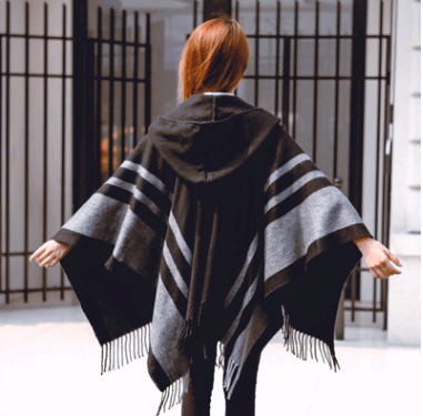 2021 autumn and winter ladies cloak shawl hooded warm tassel scarf shawl dual-use thick shawl