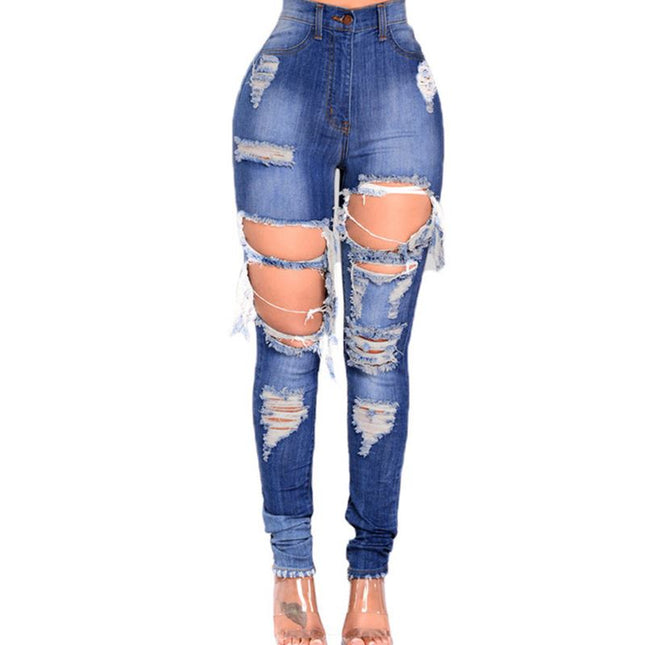 European and American style summer new grind hole jeans trousers feet high waist pants